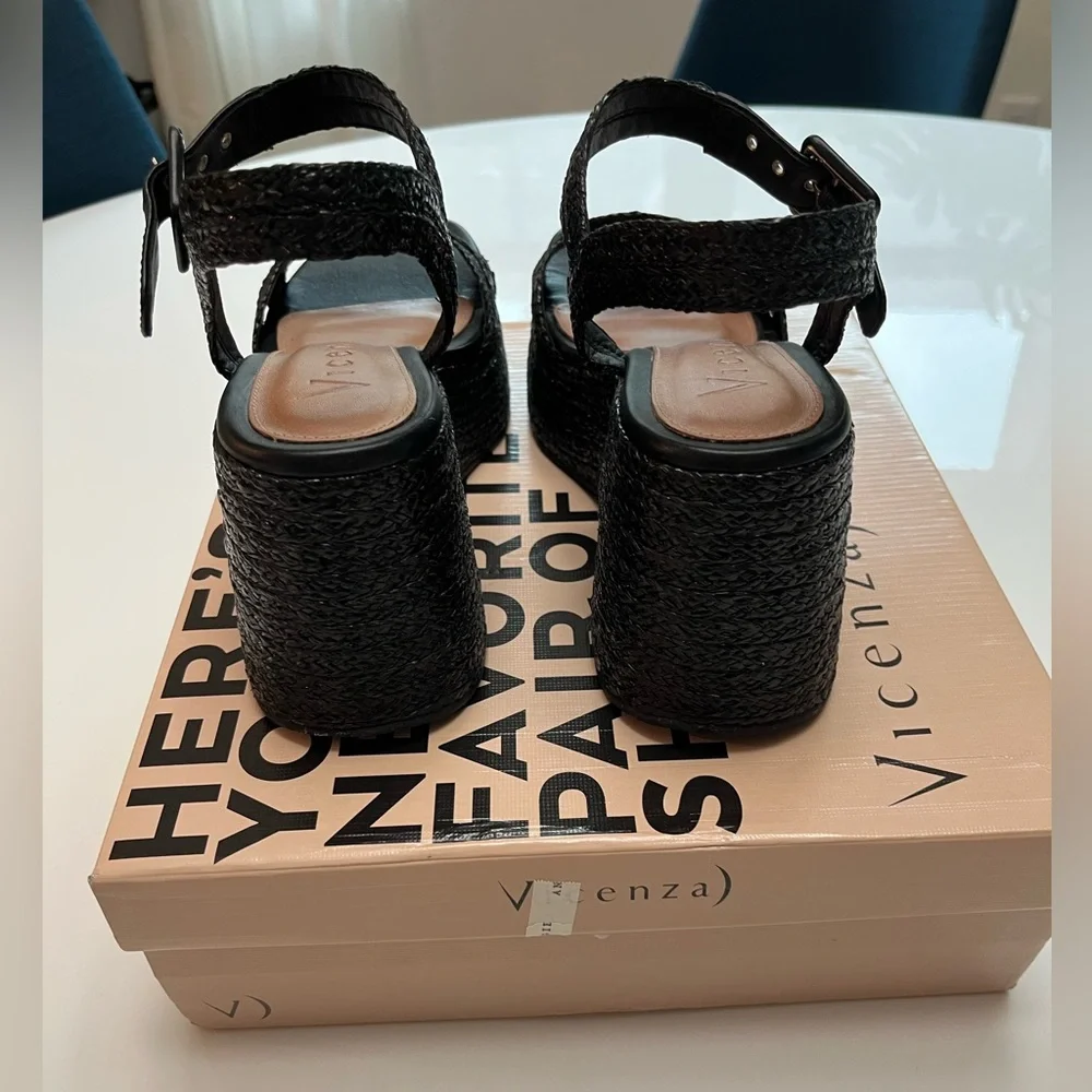 NIB Anthropologie Vicenza Raffia Platform Heels in Black Sz 38 / US 7- 7.5